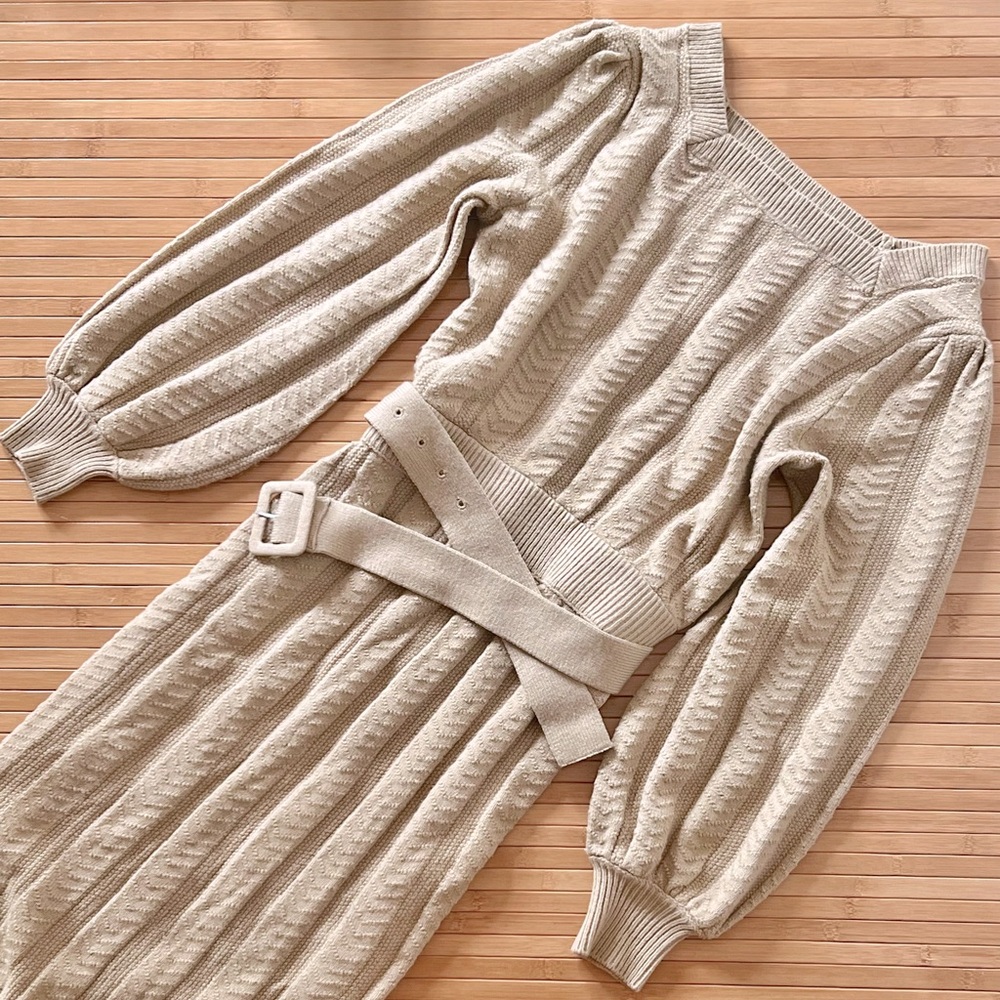 Moussy Boatneck Bell Sleeve Belted Knit Maxi in Tan Size 1